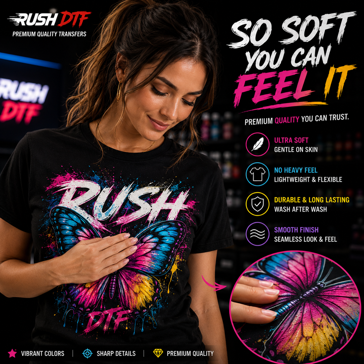 Soft feel DTF transfer applied to a premium T-shirt