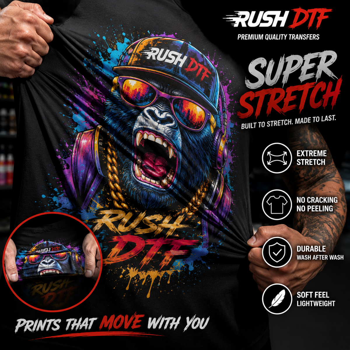 DTF transfer stretch test demonstrating flexibility