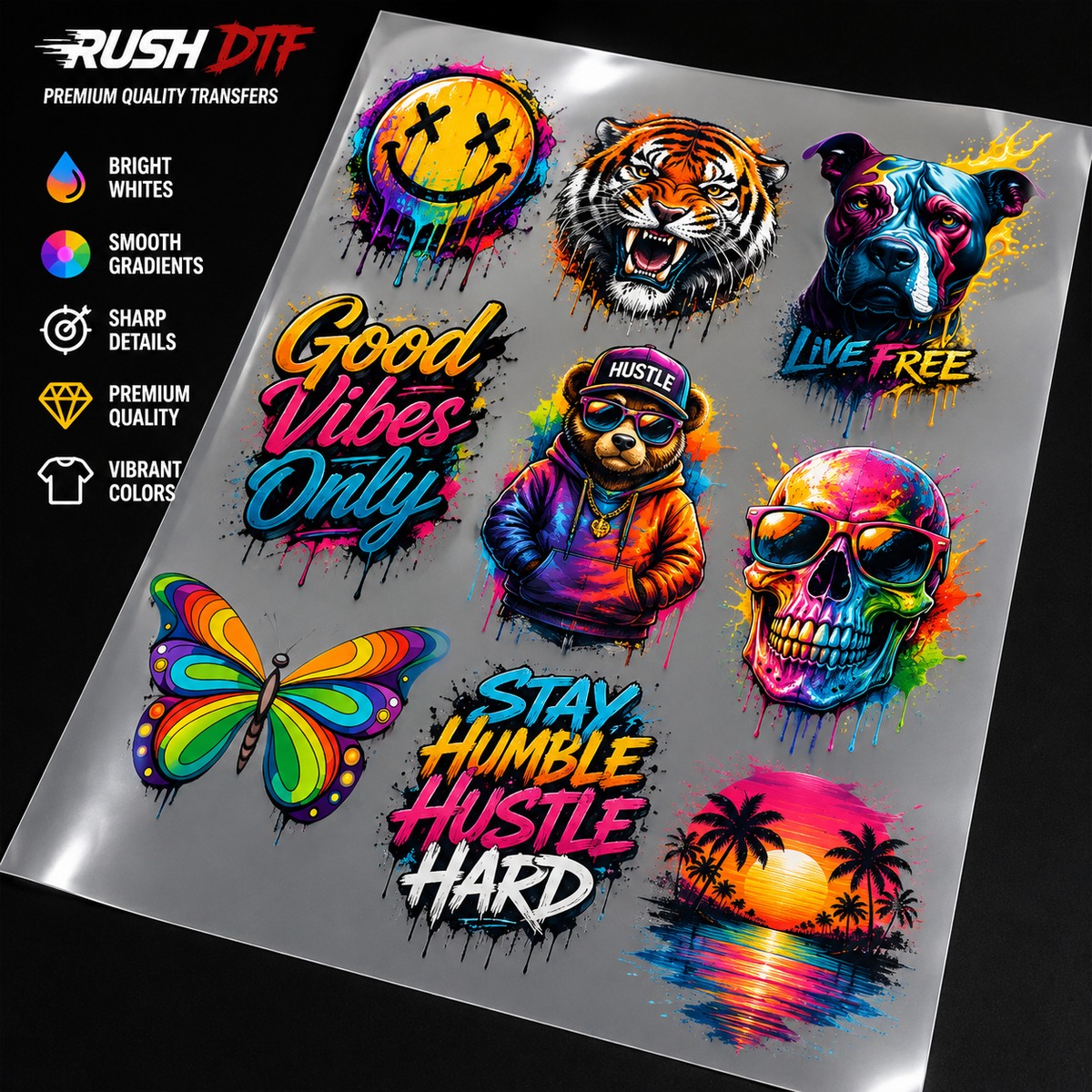 Vibrant full color custom DTF transfers printed by Rush DTF